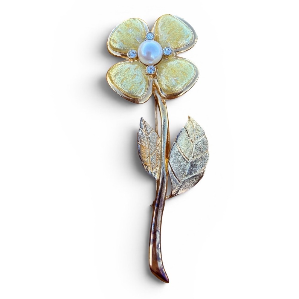Carolee Vintage Yellow Enamel Flower Brooch Faux Pearl Rhinestone Gold Toneβ Pin